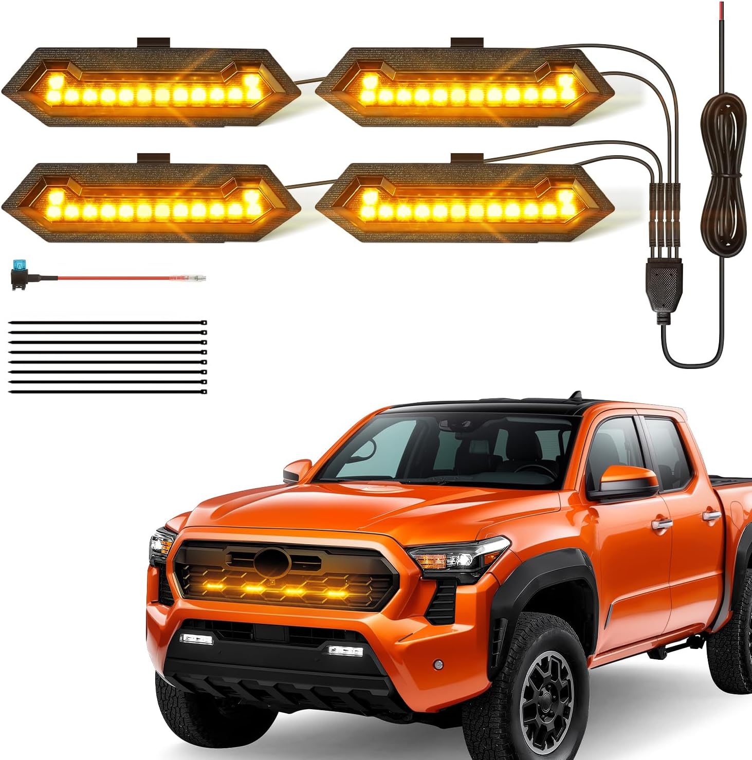 LED Grill Lights - 4PCS Front Grill Lights for Toyota Tacoma TRD Sport TRD Off-Road TRD Pre Runner 2024 2025 2026 with Fuse Adapter & Harness (Amber Light with Black Shell)