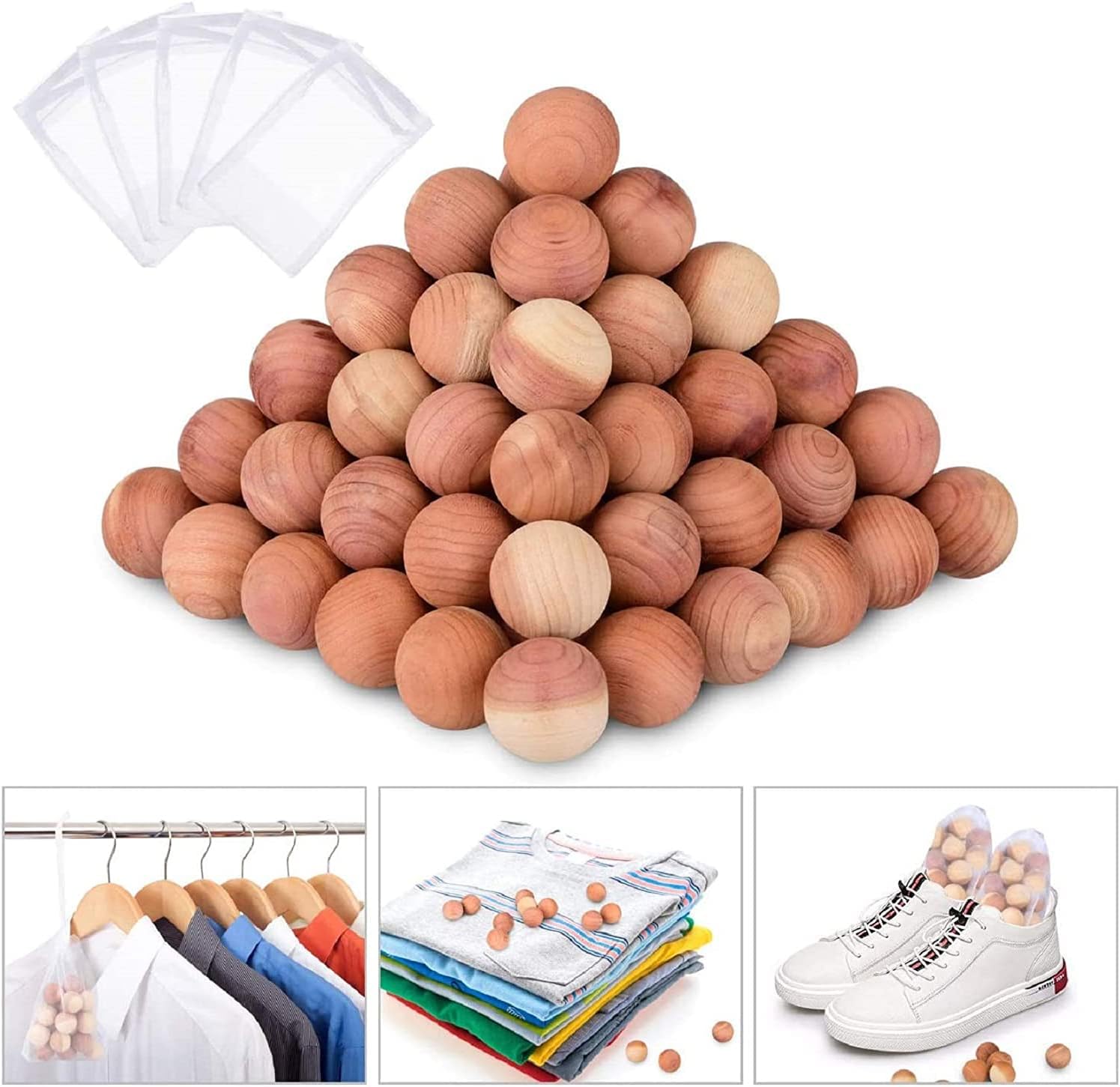 Cedar Balls, Natural Cedar Balls Aromatic Red Cedar Wooden Moth Balls Anti Moth Freshener & Deodoriser for Wardrobes Clothes Storage Drawer Wardrobe Freshener Accessories with 5 Satin Bags (30Pcs)