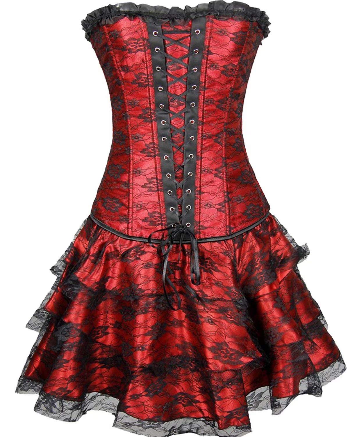 Josamogre Women's Red Corsets Dress Bustiers Renaissance Floral Pattern Retro Burlesque Sexy Vintage Victorian Costumes 2XL