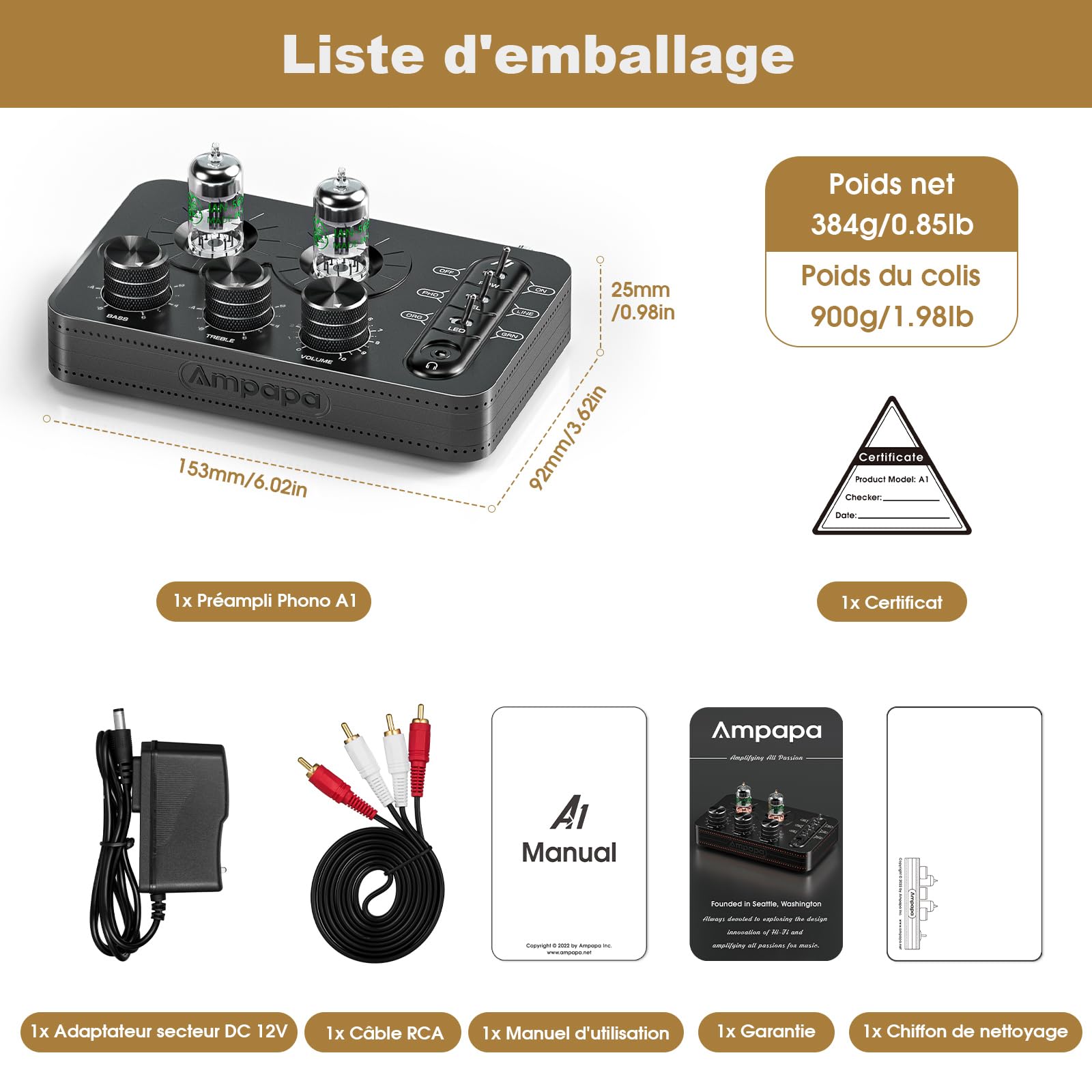 A1 Préampli Phono à Tube: Vide Ampli Casque, Préamplificateur Audiophile Hi-FI pour Tourne-Disque MM avec Contrôle de Tonalité pour Système Audio Stéréo Domestique