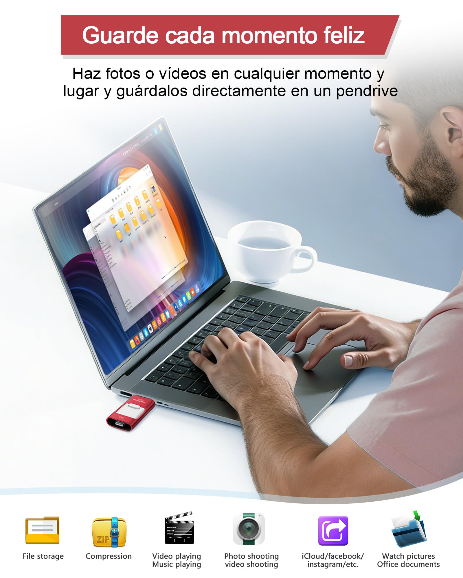 ZARMST Memoria USB 512GB para i-Phone y Android，4 en 1 USB 3.0,Rojo | Pendrive con L-ightning/USB-C/Micro USB/USB-A, Memoria Externa para móvil, tableta y PC para guardar fotos, vídeos y archivos