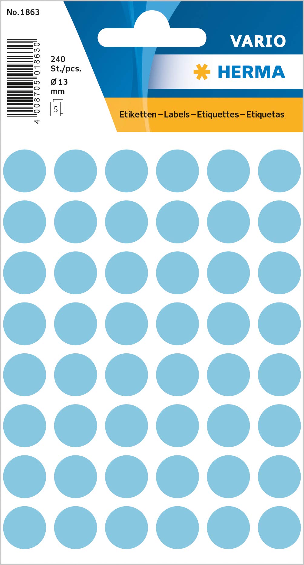 HERMA Dot Stickers Light Blue, 240 Labels, 13 mm, 48 Labels per Sheet, Self Adhesive Round Colour Marking Dots, Sticky Circle Stickers for Color Coding Calendar