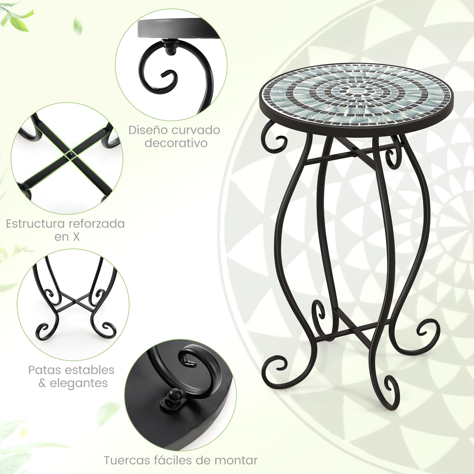 COSTWAY Mesa Auxiliar de Exterior Mosaico, Mesa de Jardín Redonda con Tablero de Cerámica Resistente, Soporte para Plantas Pequeña para Balcón Patio,Jardín, Mesa de Acento (Turquesa)