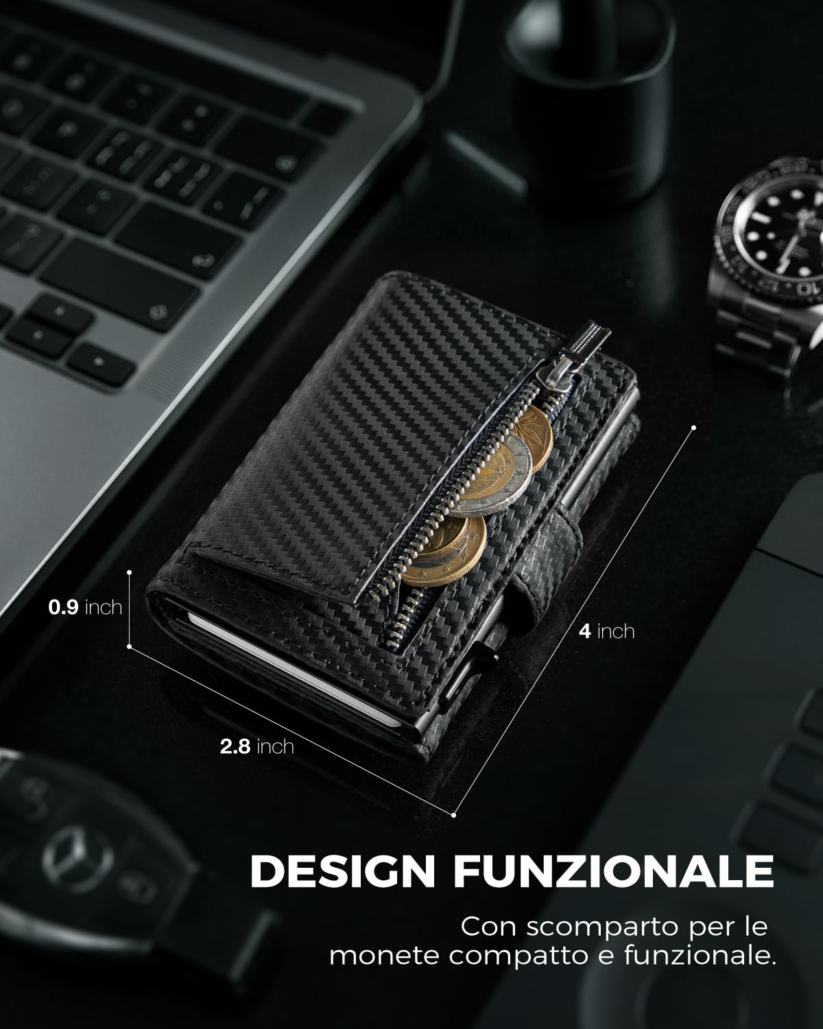 DODENSHA Portafoglio Uomo con Porta Carte di Credito e Portamonete | Slim RFID | Scomparto per Contanti | Custodia in Metallo per 8-10 Carte | Slot ID | Carbonio