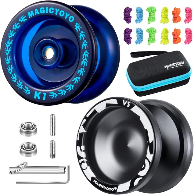 MAGICYOYO Pack of 2 - V3 Black & K1 Blue! Responsive Yoyos Perfect for Kids, Professional Yoyo with Unresponsive Yoyo Bearing for Advanced Yoyo Players+12 Yoyo strings+Removal Bearing Tool+Storage Bag