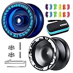 MAGICYOYO Responsive Yoyos for Kids Beginners, Pro Yoyo 2 Pack, Dual Funtion Metal Yo yo V3 + Plastic Yo-yos K1 Plus with 12 Yo yo Strings, 2 Holes Yoyos Case, Yo-Yo Accessory Kit (V3 Black + K1 Blue)