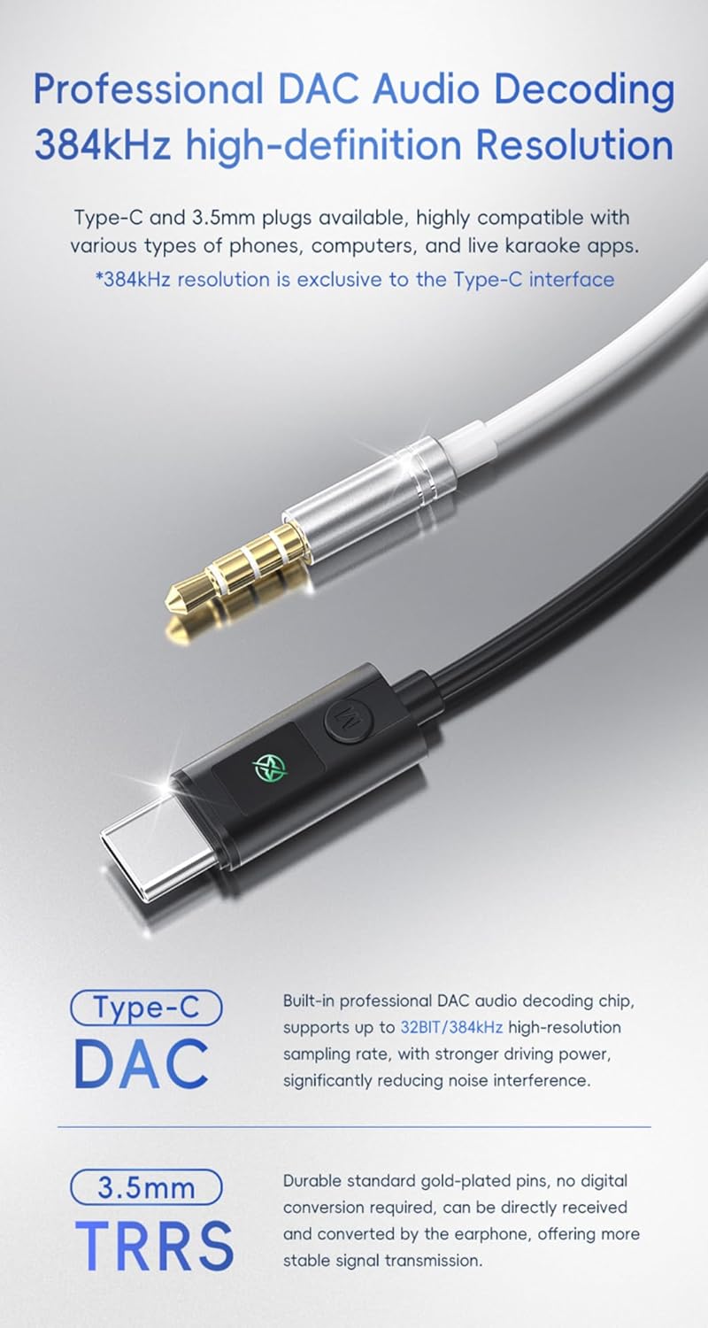 KT03カラオケHDリアルタイムモニタリングイヤホン ラベリアマイク内蔵 サウンドカード機能 9種リバーブエフェクト 4種音楽エフェ