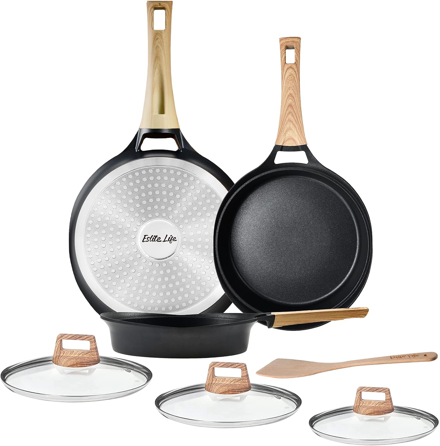 ESLITE LIFE Frying Pan Set with Lids Nonstick Induction Skillet Set Omelette Pan with Long-lasting Nonstick Shot Peening Craft, 7-Piece
