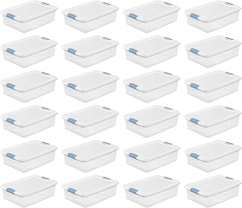 Sterilite 14968006 - Caja de cierre de 32 cuartos de galón30 L con base transparente, tapa blanca y cierres de colores, paquete de 6