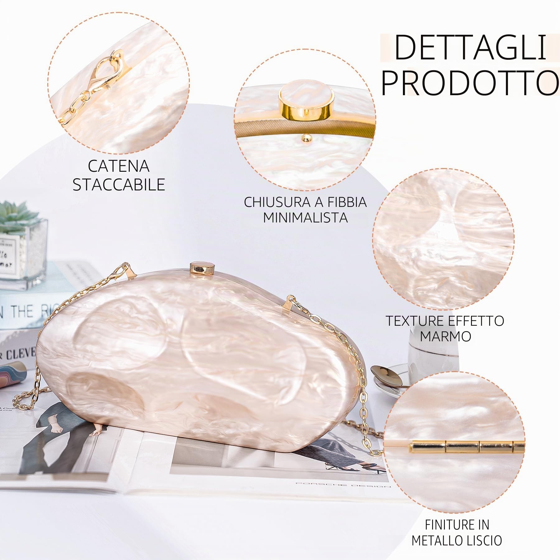 Larcenciel Pochette in Acrilico da Donna, Borsa Champagne a Forma di Conchiglia Irregolare con Catena Rimovibile, Elegante Borsa da Sera, per Feste di Nozze, Balli, Cocktail, 26,5x5 x13cm
