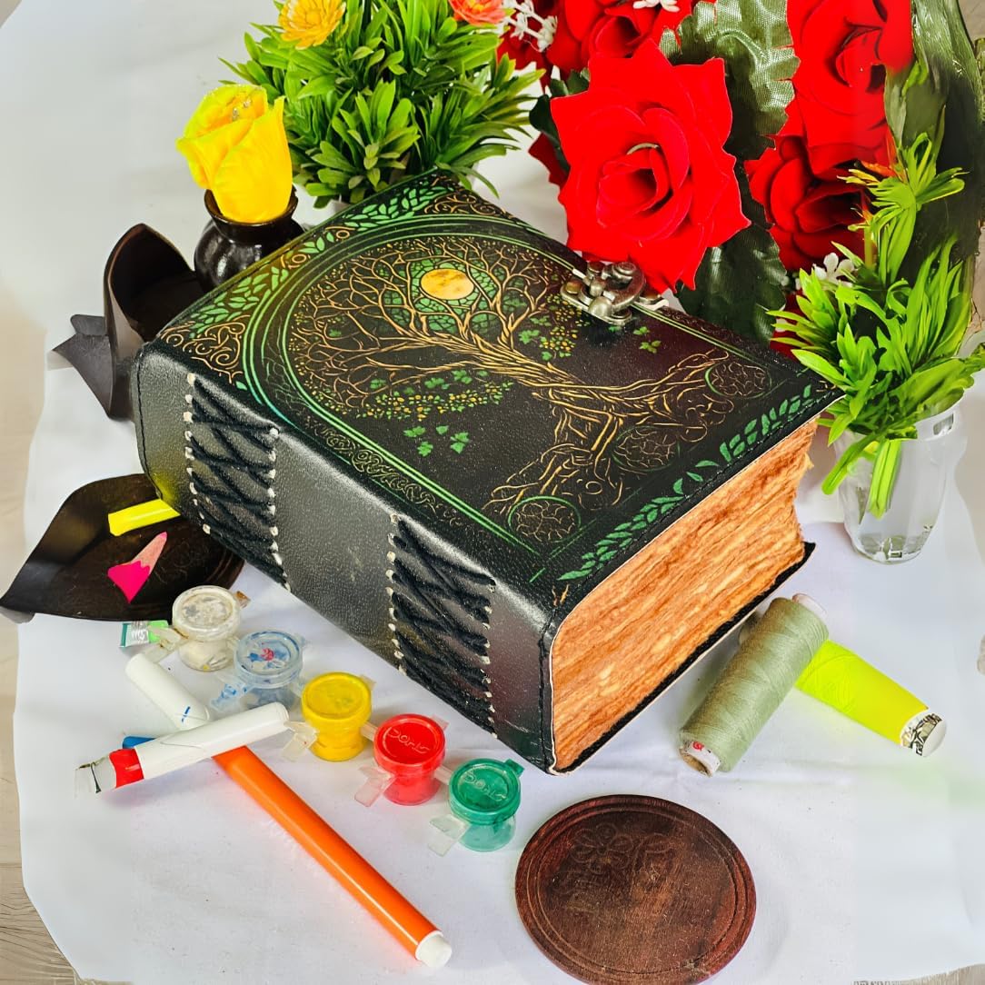 Tree of Life Leather Travel journal For Women with lock Premium Print - 7"X5" 400 Vintage Deckle Paper- Journal for men - Leather Bound Journals for women Best New Job Gifts for Women & Men Green Tree