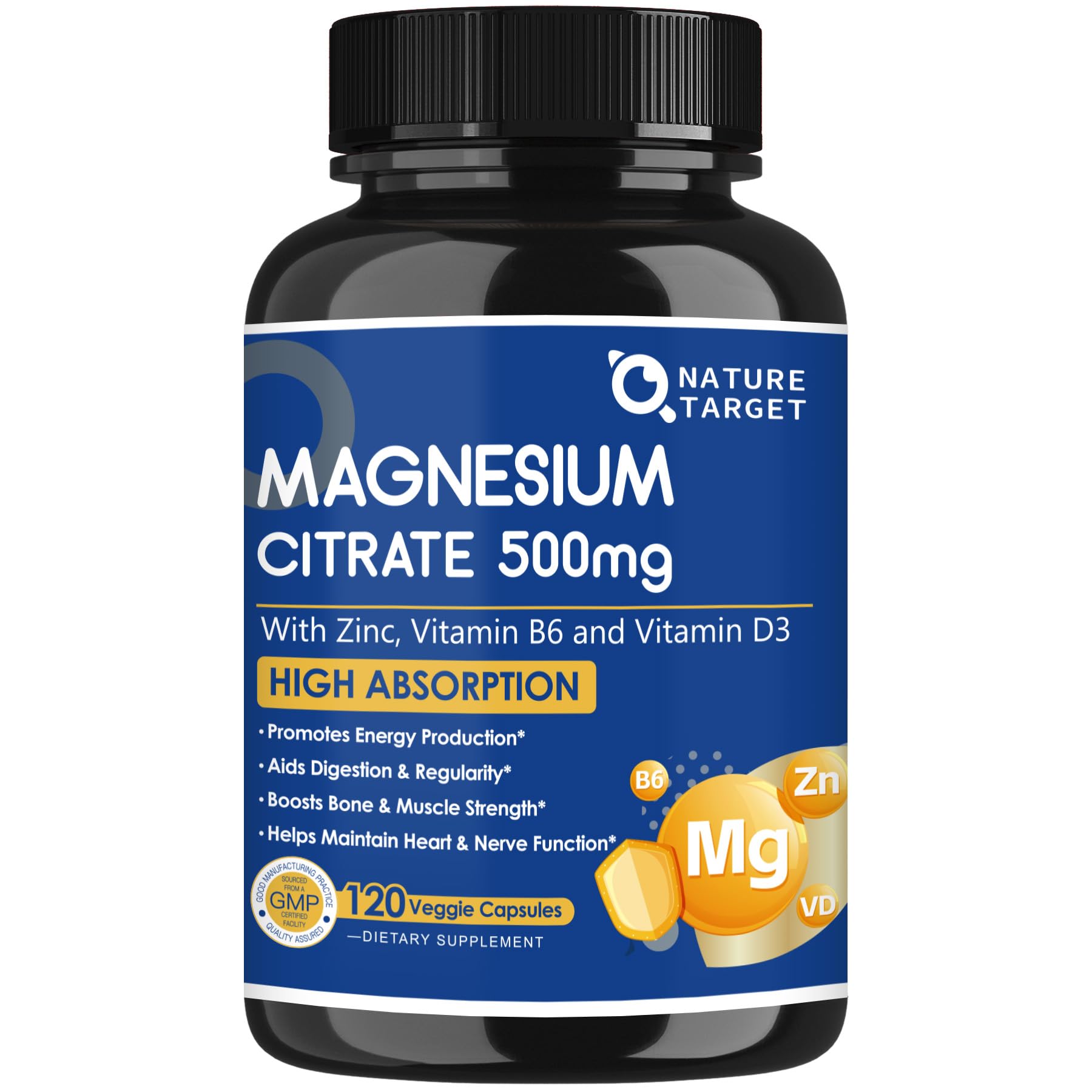 NATURE TARGET Magnesium Citrate 500mg, with Zinc & Vitamin D, 120 VegCaps 120 Count (Pack of 1)