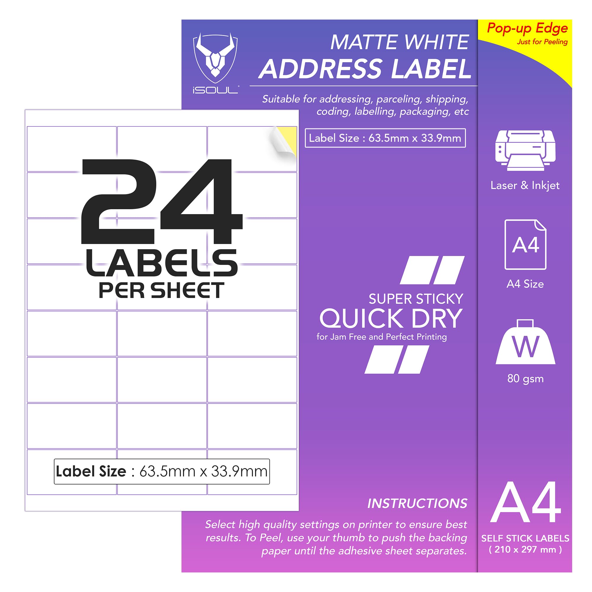 iSOUL Sticker Paper for Printer A4, Printable Sticker Paper,100 Sheets | A4 Sticker Paper for Printing | White Matte Sticker Paper | Self Adhesive Address Labels | 24 Label Per A4 Sheet