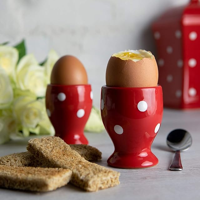 City to Cottage Zestaw 2 czerwone i białe, W kropki, Ręcznie malowane, Ceramiczne, Kieliszki do jajek na twardo i na miękko