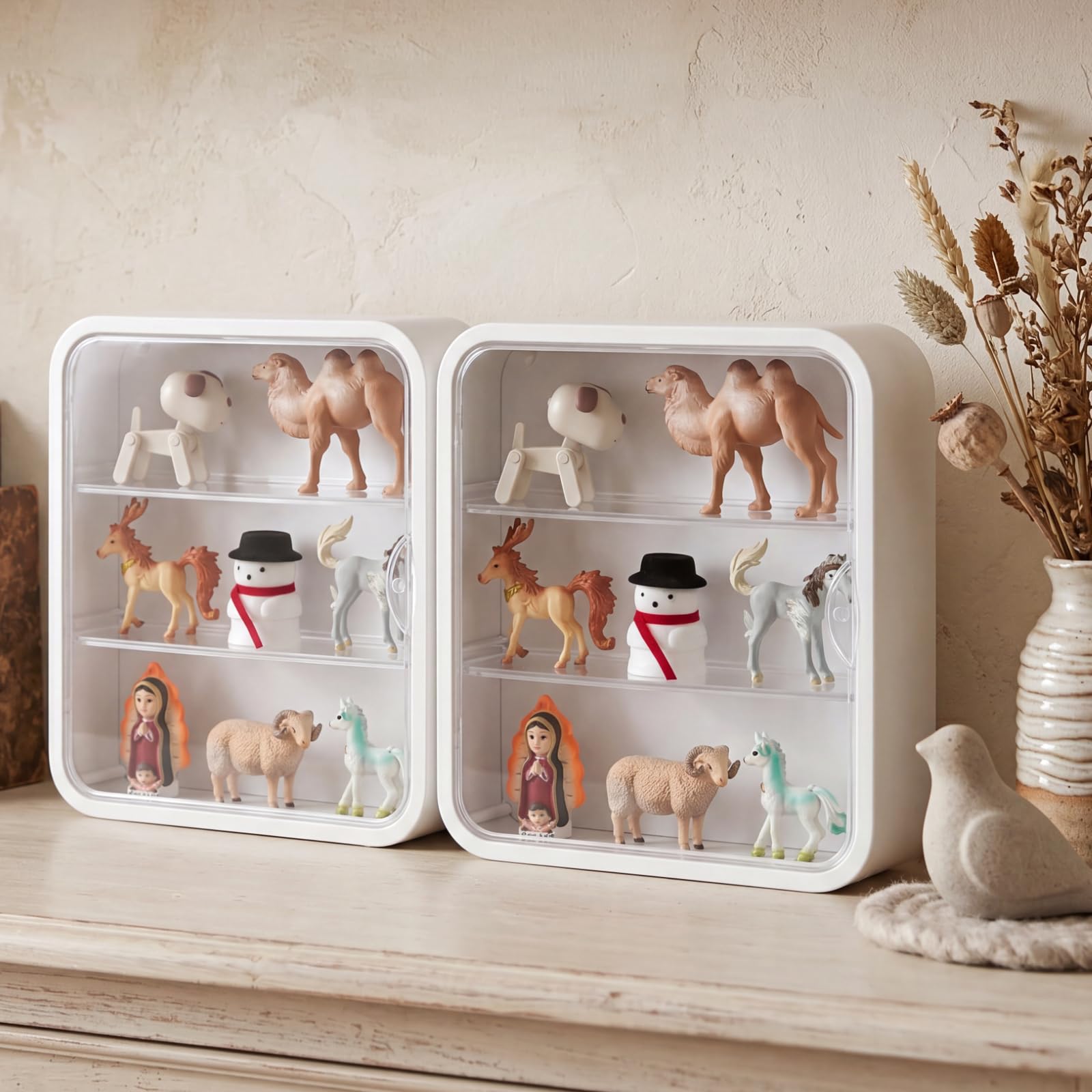 Menkxi 2 Stück Vitrine für Figuren, 3 Etagen, Puppen-Aufbewahrungsbox, Wandmontage, transparente Displaybox, staubdicht, Vitrine, Organizer mit magnetischer Tür für Mini-Spielzeug, Actionfiguren,