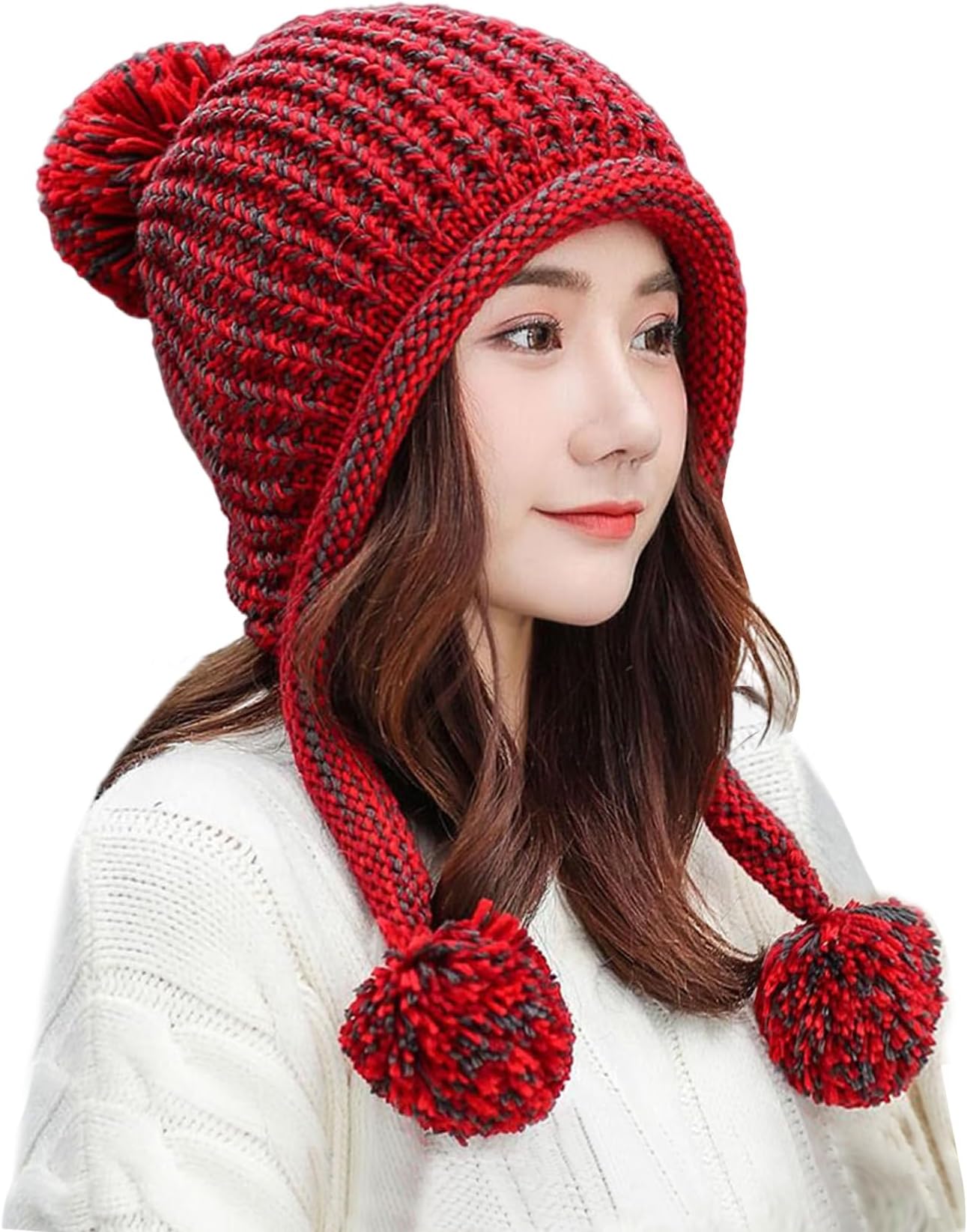 Women Winter Peruvian Cover Ears Beanie Hat Ear Flaps Sherpa Ski Snow Hats Knit Fleece Lined 3 Pom Pom