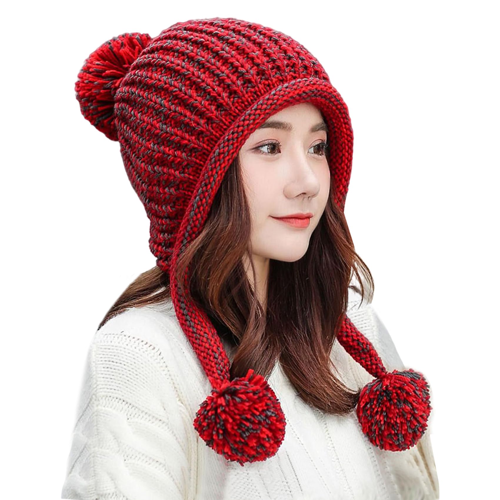 Women Winter Peruvian Cover Ears Beanie Hat Ear Flaps Sherpa Ski Snow Hats Knit Fleece Lined 3 Pom Pom