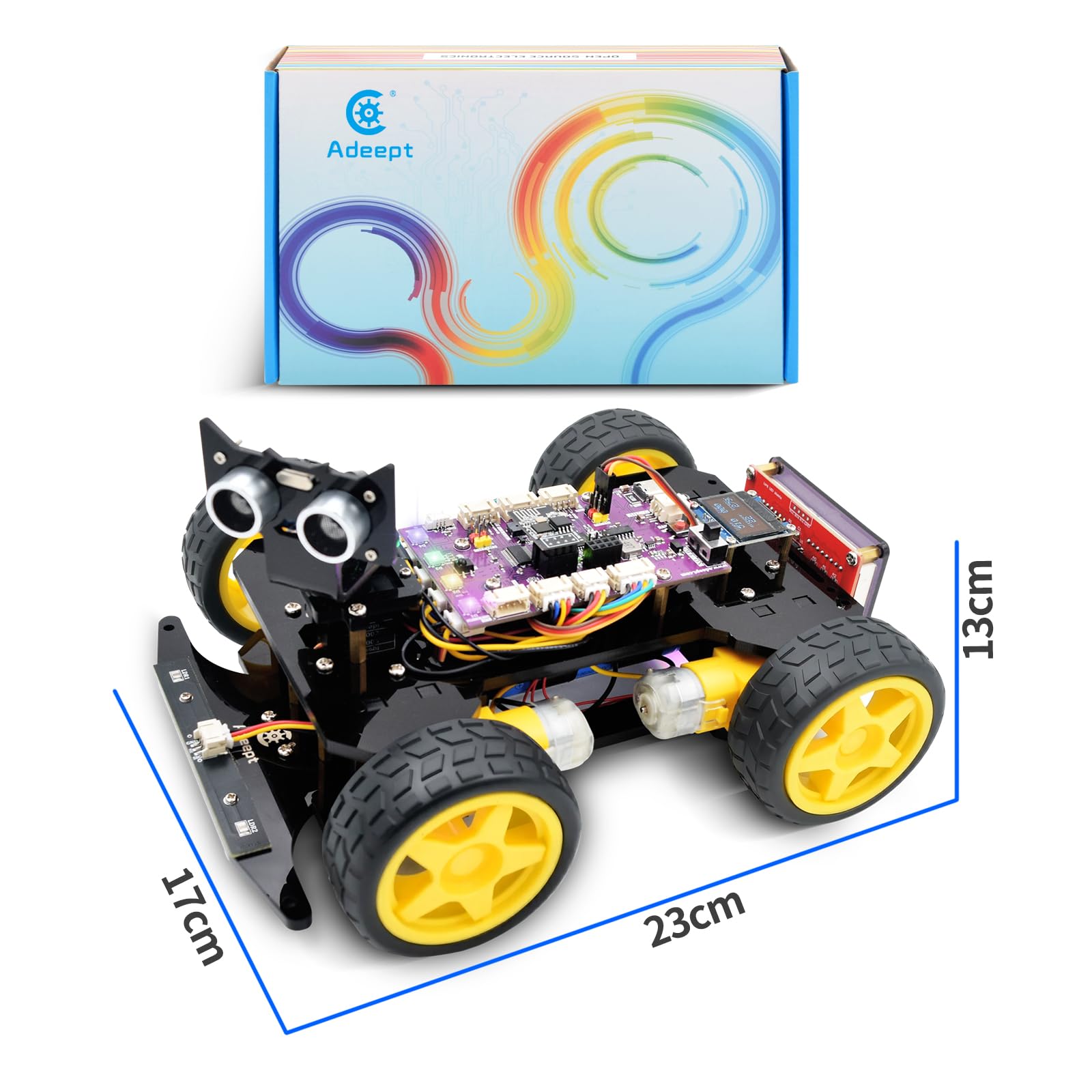 Adeept Kit de coche inteligente 4WD (compatible con Arduino IDE), seguimiento de línea, trazado de luz, prevención de obstáculos, servomotor, pantalla OLED, zumbador, pantalla LED de matriz de puntos