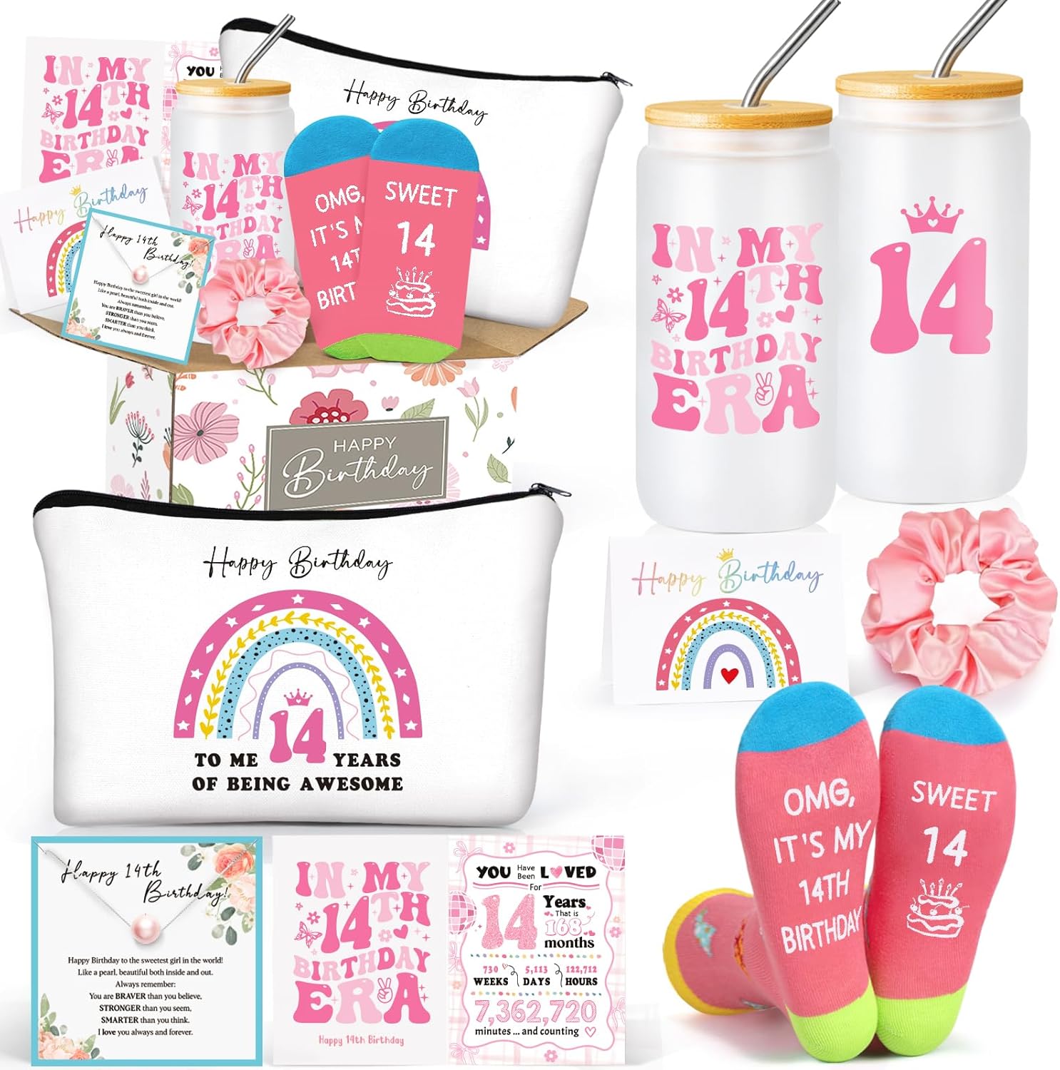 Frerdui 14 Year Old Girl Gifts, Gifts for 14 Year Old Girls, 14 Years Olds Girl Birthday Gift, Sweet 14th Birthday Decorations for Teen Girls, Younger Sister, Daughter, Granddaughter w 14th Era Glass