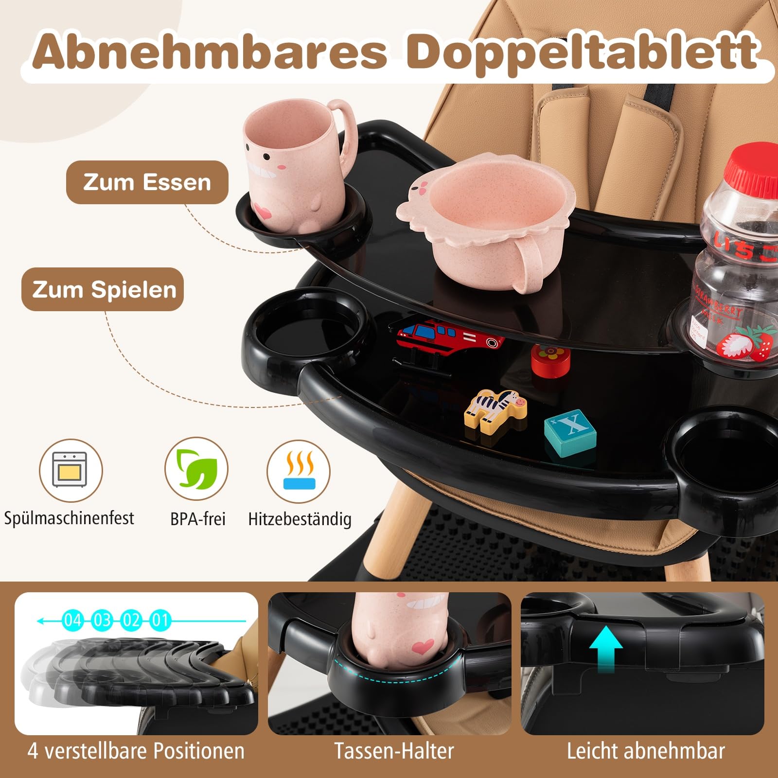 GOPLUS 6 in 1 Hochstuhl Baby, Kinderstuhl mit abnehmbares Bausteintisch, Babyhochstuhl mit verstellbar Doppeltablett, Kombihochstuhl, Essstuhl, Lerntisch, Kinderhochstuhl für 6-36 Monate (Braun)