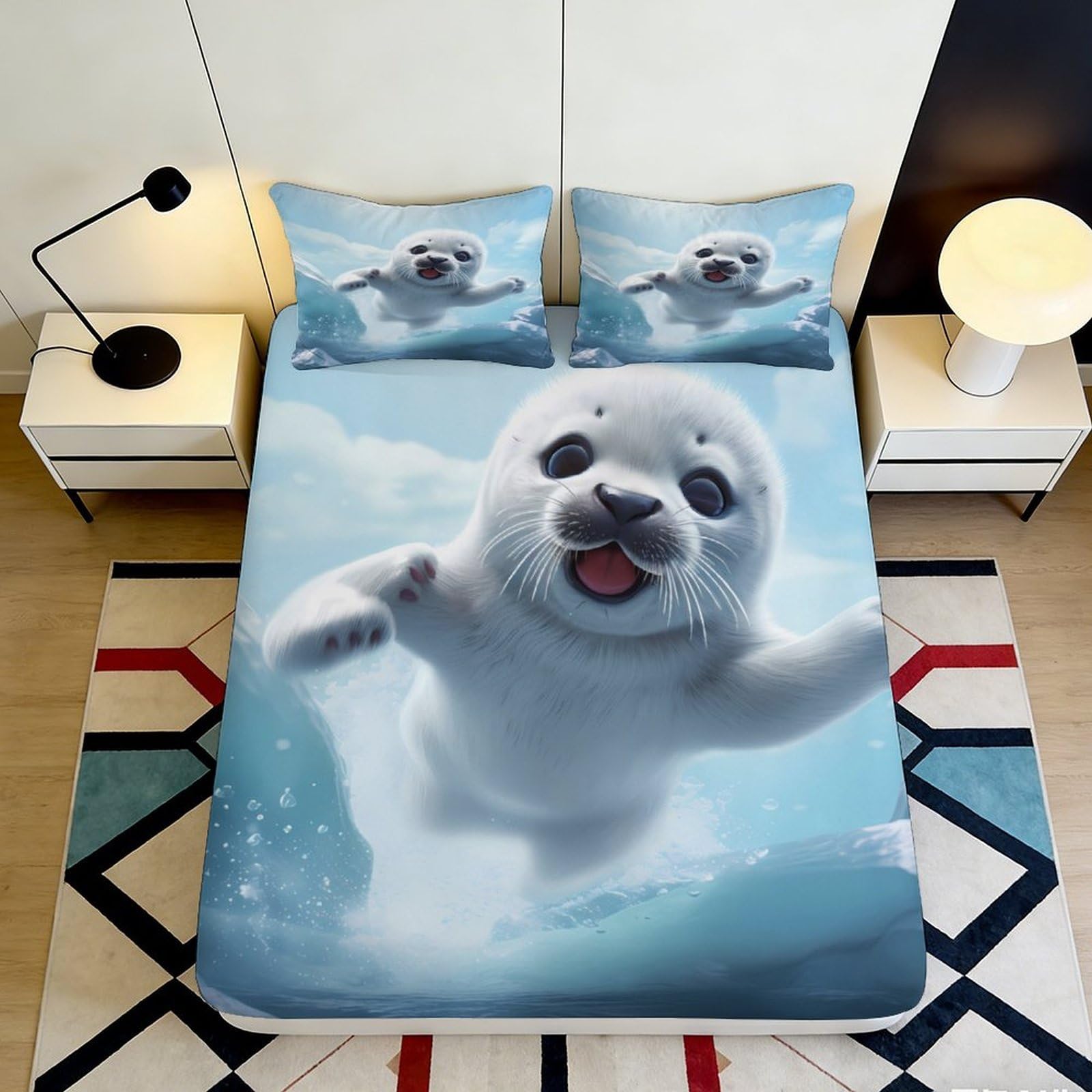 3D Printed playful seal Fitted Sheet, soft touch Microfiber, wrinkle resistant, guest room bedding, easy care, stylish room accent 120x200x25cm