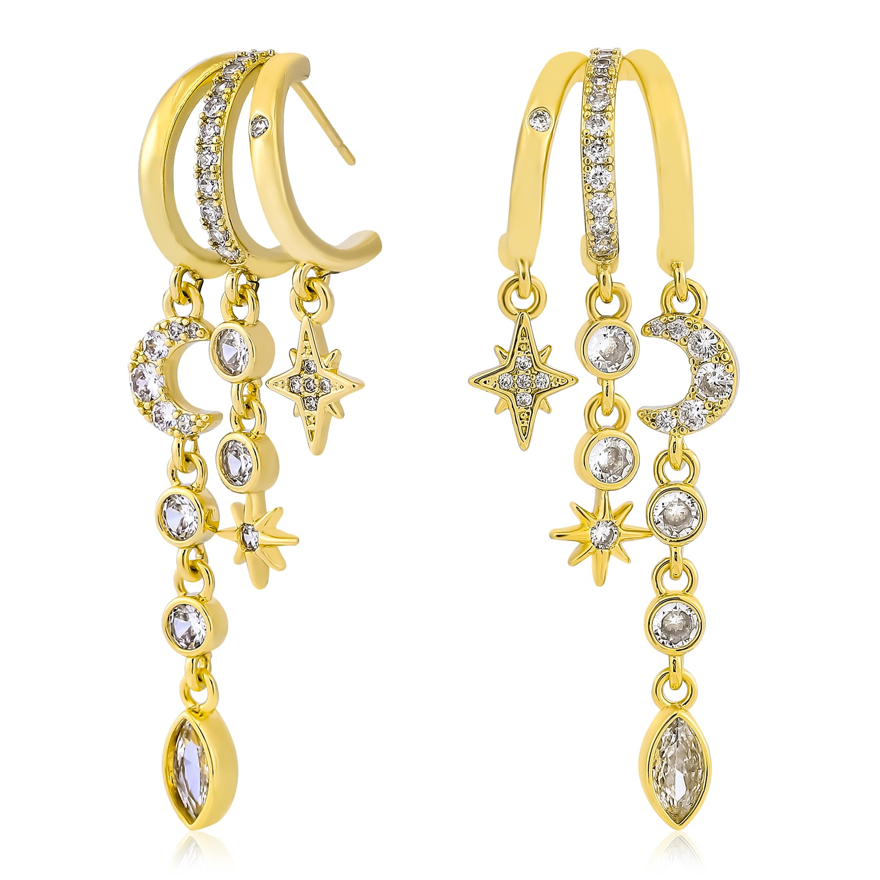 Dangle Gold Bow Earrings for Women 14K Gold Plated Bow Knot Huggie Stud Earrings Elegant Cherry Earring Sun Moon Star Pearl Bowknot Ribbon Flower