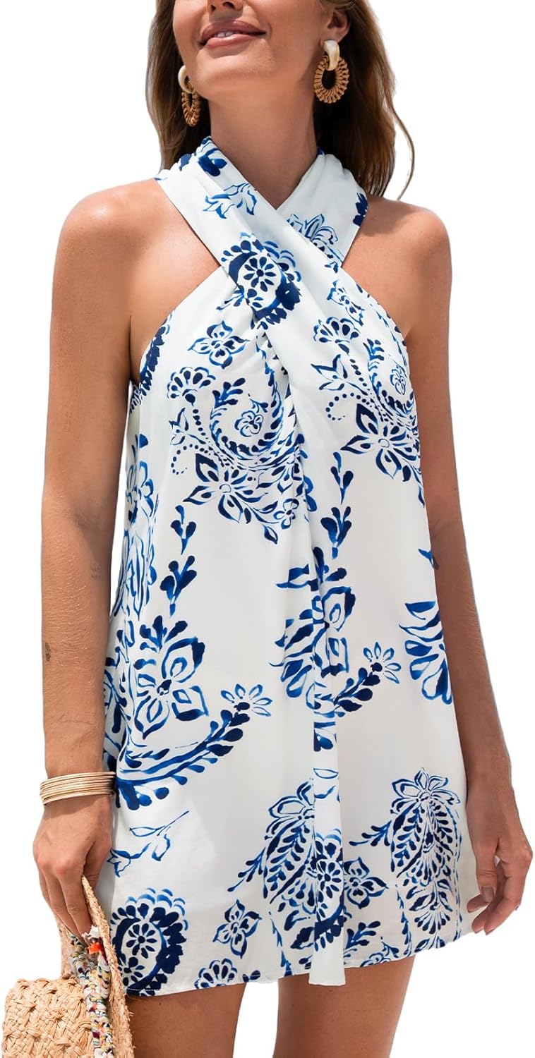 CUPSHE Women's Paisley Mini Dresses Sleeveless Summer Criss Cross Halter Short Beach Cover Up Dress