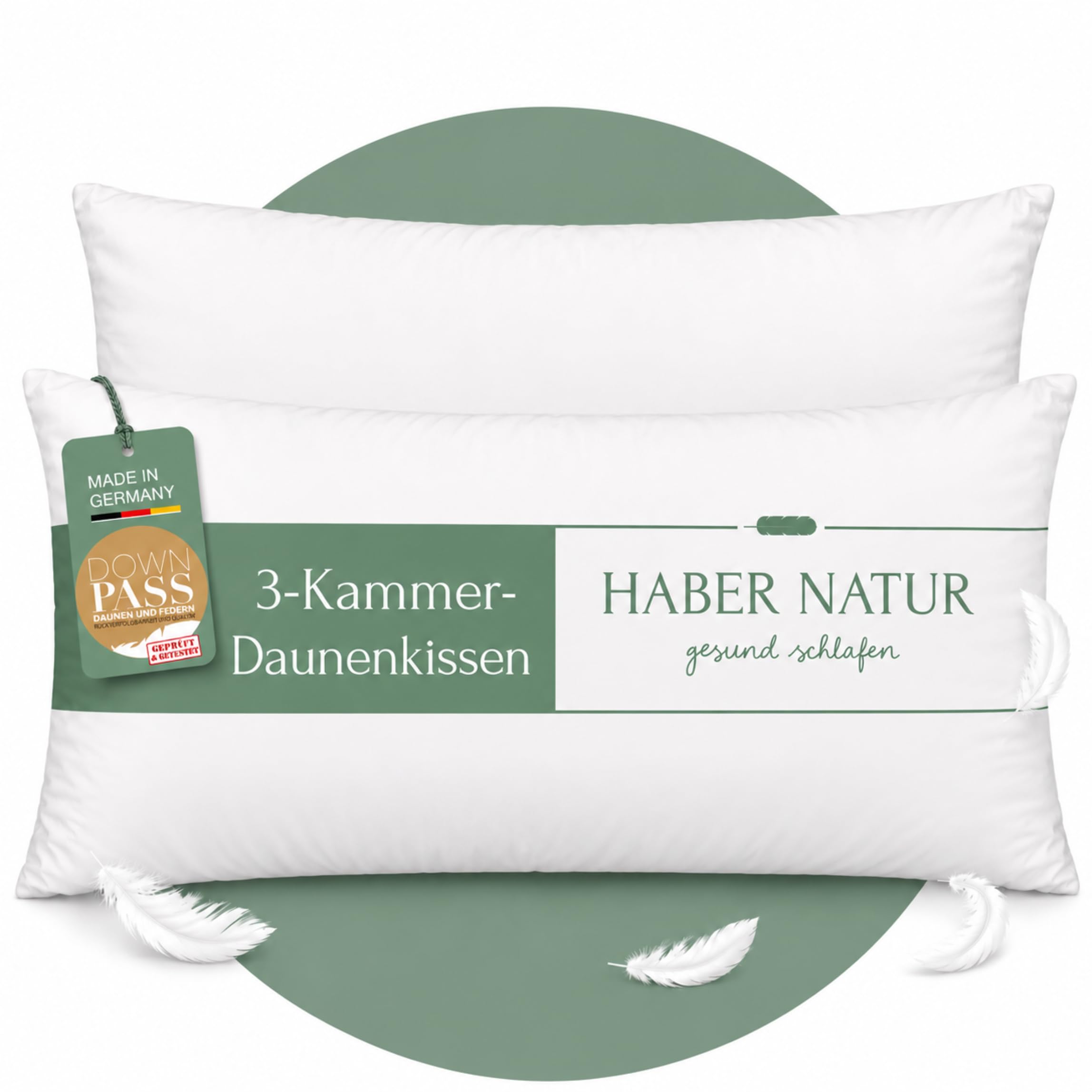 HABER NATUR 3-Kammer Daunenkissen 40x80 2 Stück-Made in Germany-Kopfkissen | 90% Daunen & 10% Federkissen | 700g Füllgewicht |Allergiker geeignet (NOMITE) | Tierwohl (DOWNPASS) | Oeko-TEX Klasse 1