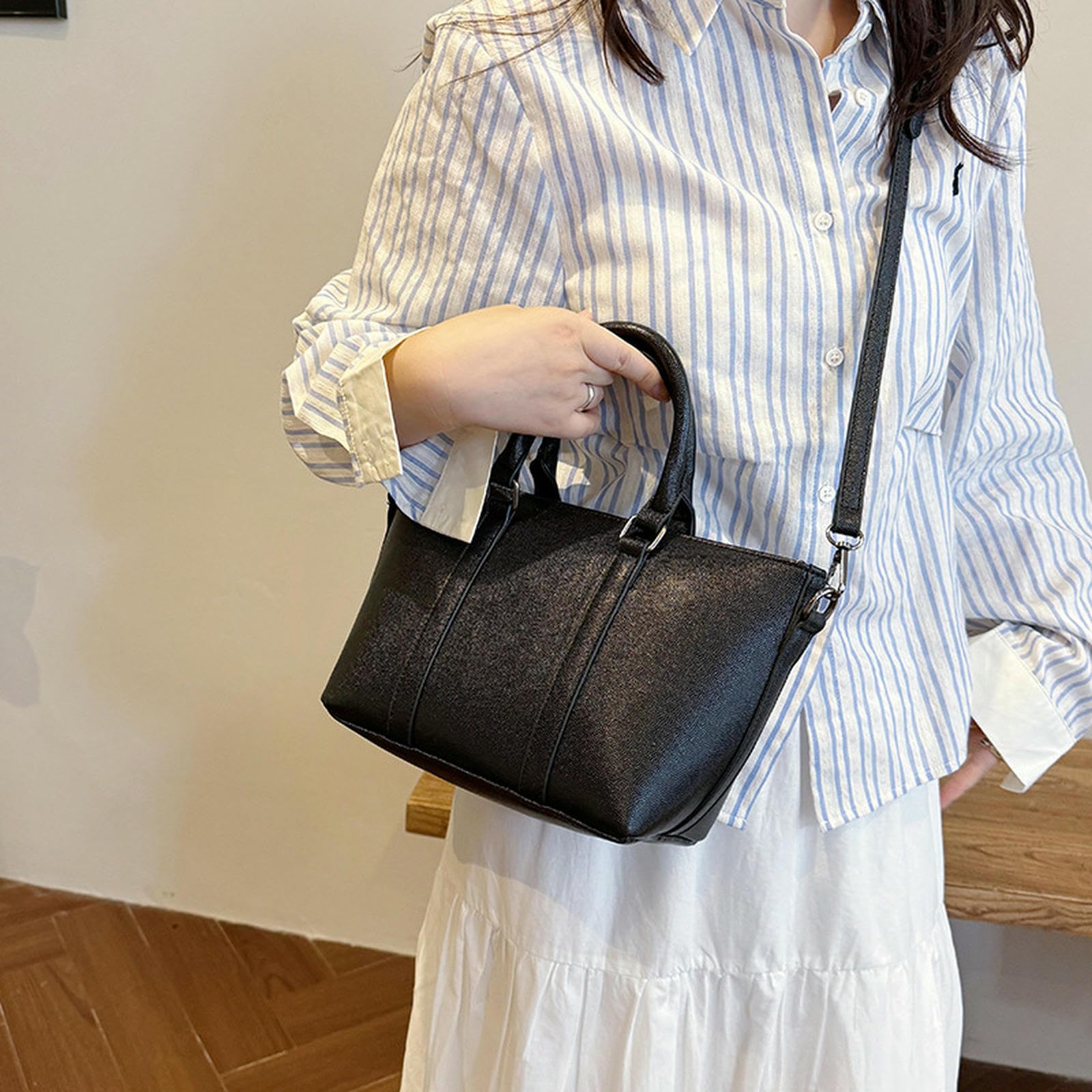 Borsa Donna A Mano Semplice E Casual alla Moda Tracolla Strutturata da sotto Le Ascelle in Colore Contrasto-Bianco