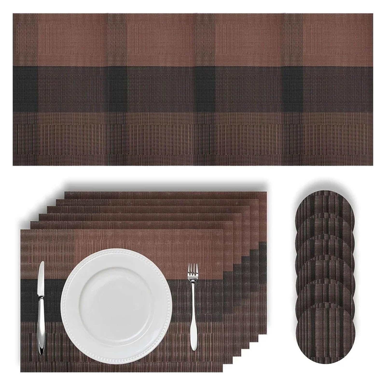 Set Tovagliette E Sottobicchieri Set di tovagliette in vinile intrecciato, antiscivolo lavabili, for sala da pranzo e cucina(6 and 1 Brown Black)