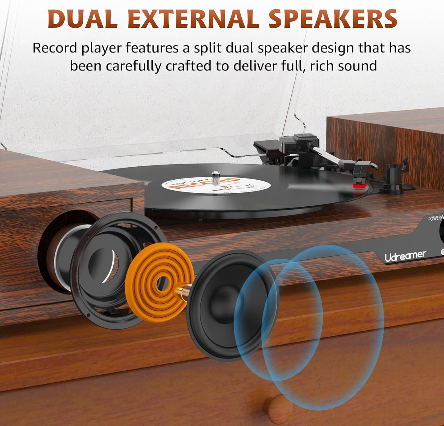 Udreamer Platine Vinyle avec 2 Haut-parleurs Stéréo Doubles, Vintage Tourne-disqu Bluetooth 5.3 Prend en Charge 3 Vitesses, Entrée Auxiliaire, Ligne RCA, USB,Lecture sans Fil, Noyer