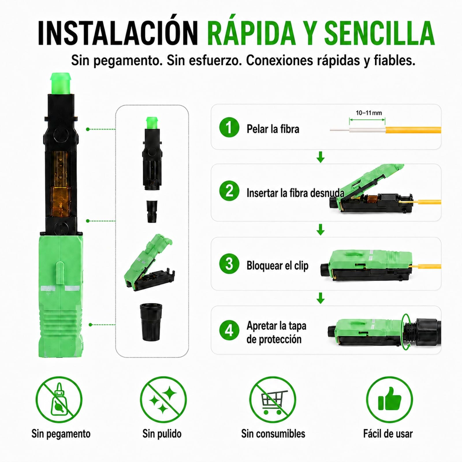 100pcs Rápido Conector de Fibra Óptica, SC A PC Conectors Fibra Optica Plastica Embebido, FTTH Conectors Rápido, Conector Rápido Fibra con Cable de Cuero Incrustado para Fibra Monomodo/Multimodo