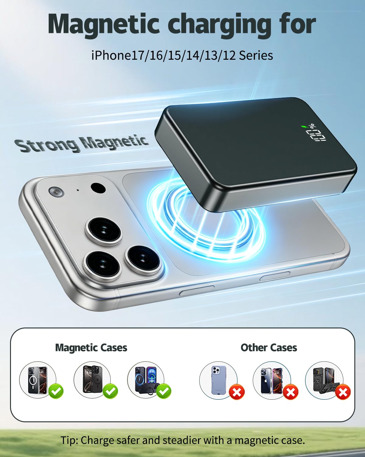 Batterie externe magnétique 26 800 mAh pour chargeur portable Magsafe, alliage d'aluminium, grande capacité 20 W, USB-C in&out, chargement rapide sans fil pour iPhone 17/16/15/14/13/12, gris