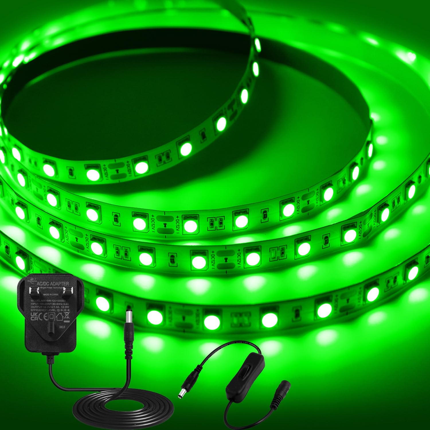 iNextStation 12V Green LED Strip Light, 16.4ft/5M 300 LEDs SMD5050 Led Light with Adapter & Switch Flexible Cuttable LED Tape Light for Bedroom Indoor Home Kitchen Bar Festival Decoration