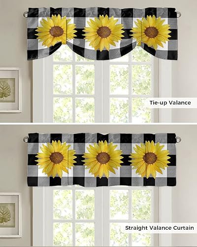 Miniatura 2 de Cenefa de girasol para cocina, cortinas cortas con bolsillo para cortinero, cenefas ajustables de girasol de acuarela, cortina de cenefa de búfalo