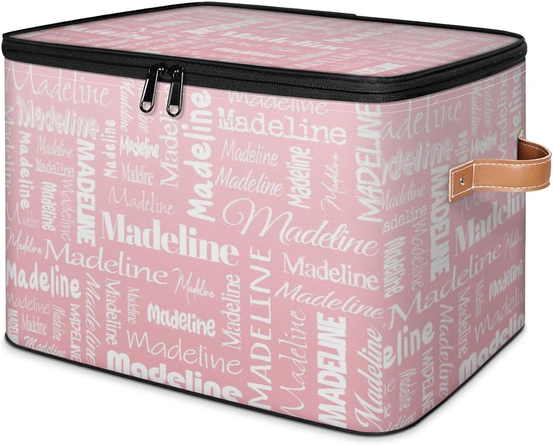 Custom Storage Basket with Name, Personalized Keepsake Box with Zipper Lid, Foldable Fabric Memory Bin Large capacity with Handle Pink
