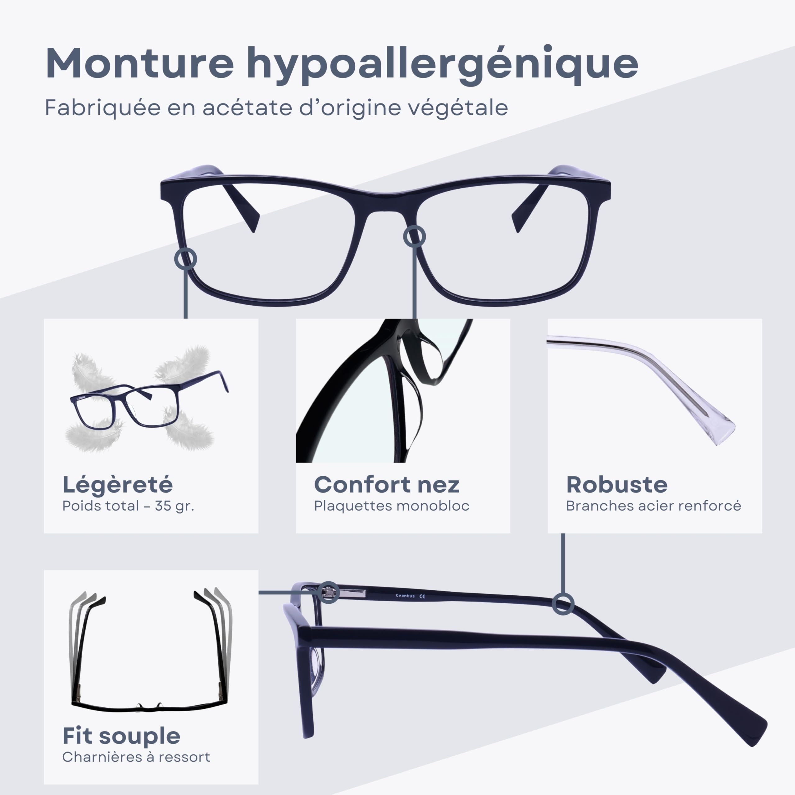 Cvantus Lunettes de lecture Anti-lumière bleue UV Antireflet Homme Femme Carrées