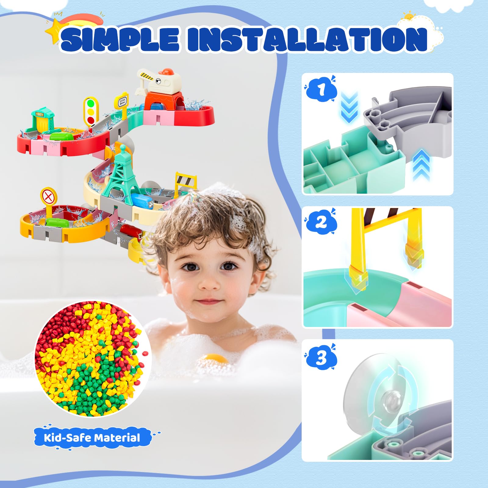 51 Pcs Bath Toys for Toddlers Traffic Themed Water Slide Track Game with Suction Cups, DIY Bathtub Toys for Kids 3-6 Years - Image 4