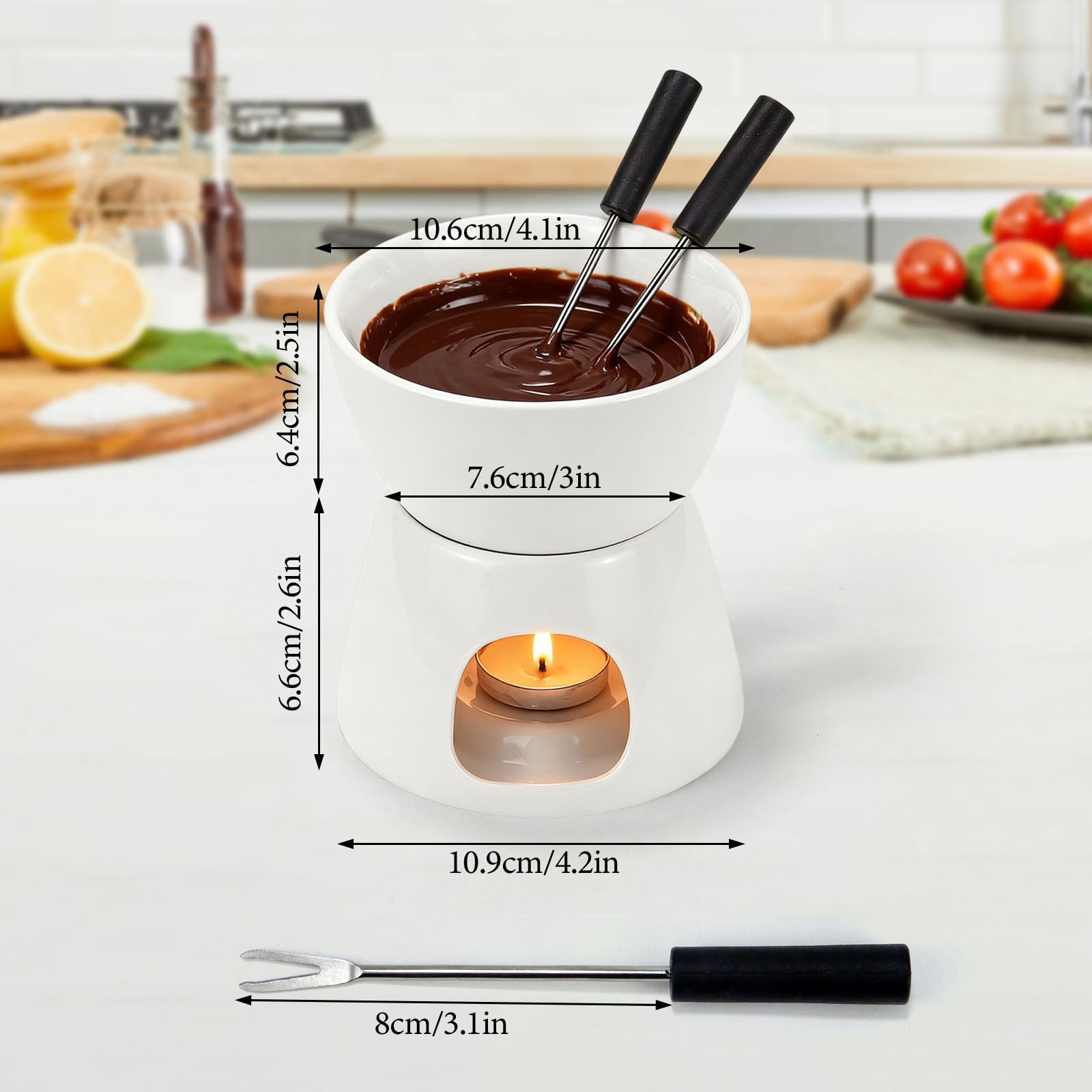 Set de Fondue de Chocolate 300 ml – Olla de Cerámica con 2 Tenedores, Mini Cazuela para Chocolate, Queso y Mantequilla – para el Hogar, Cenas en Pareja o con Amigos