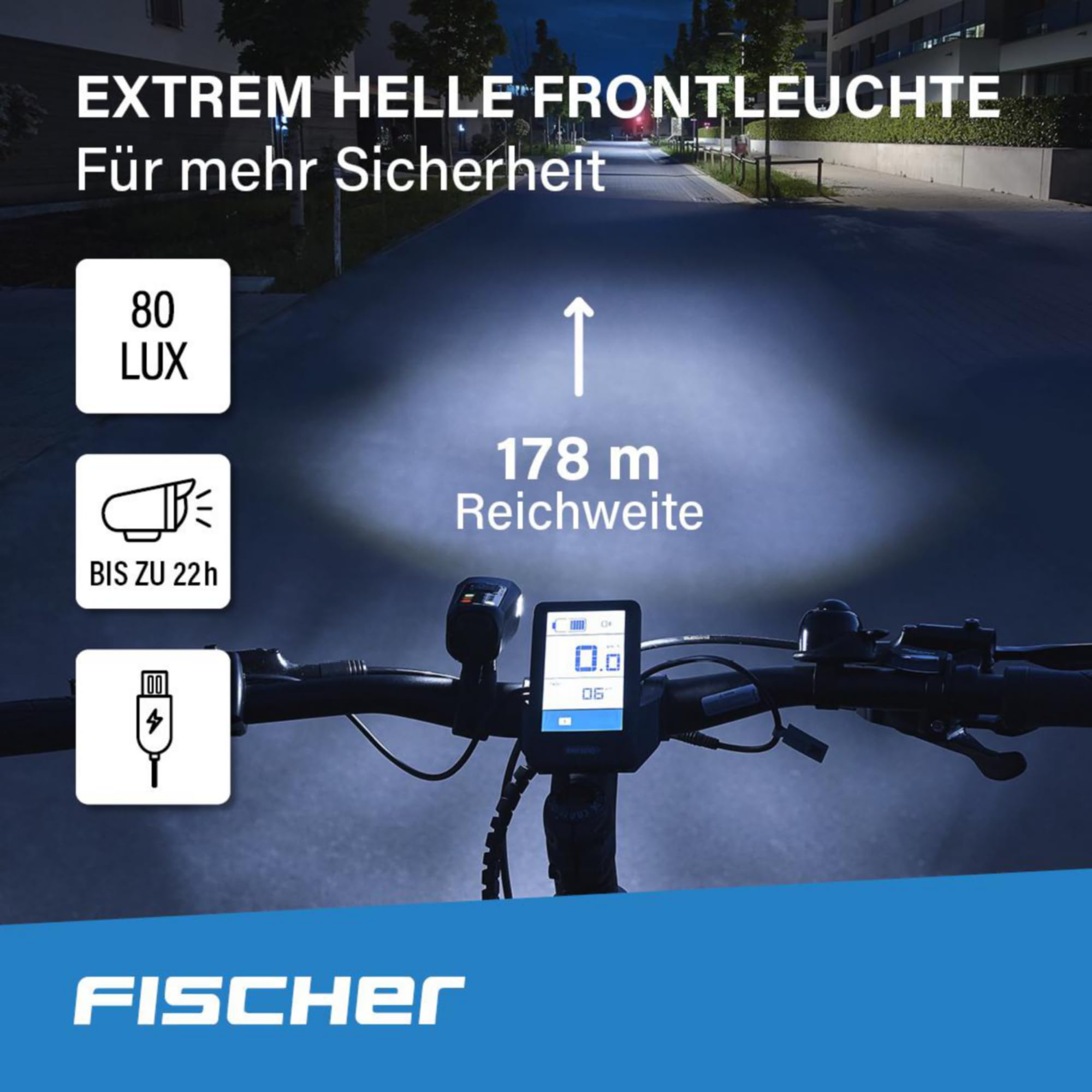 Fischer Zestaw oświetlenia LED do roweru Twin z innowacyjną lampą podłogową 360° zapewnia lepszą widoczność i ochronę, światło przednie
