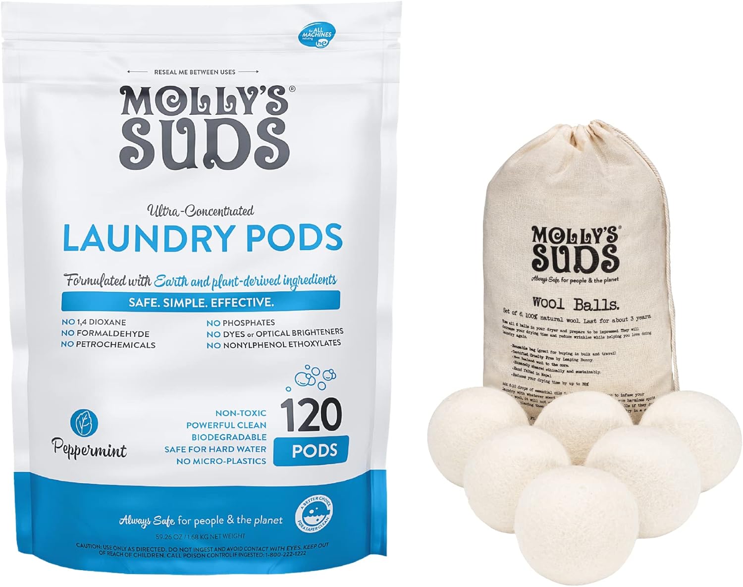 Molly's Suds Peppermint Laundry Detergent Pods (120 Loads) & XL Wool Dryer Balls (White) Bundle