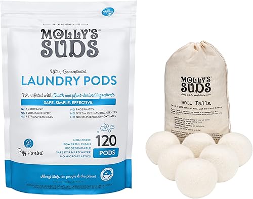 Molly's Suds Cápsulas de detergente para ropa de menta (120 cargas) y bolas de secado de lana XL (blanco)