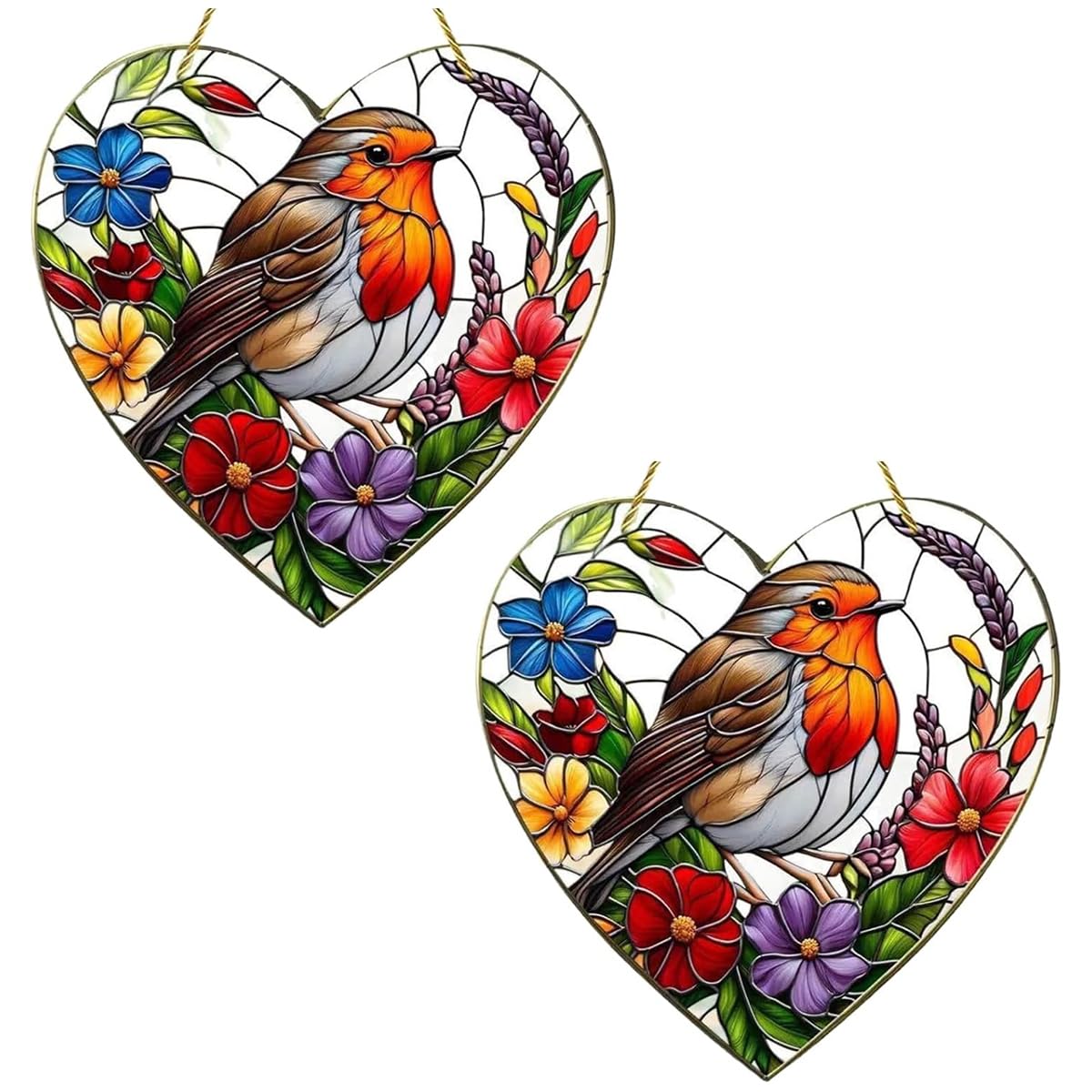 Tiardey 2pcs Robin Gifts – 20x20cm Heart-Shaped Robin Sun Catchers with Stained Glass Effect, Acrylic Hanging Ornaments for Windows Garden Home
