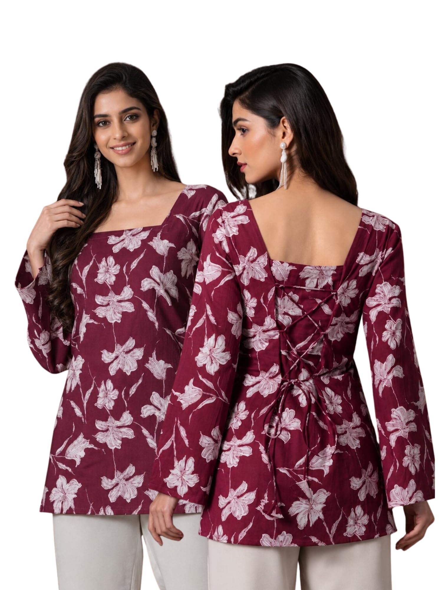 alenjan Rayon Floral Print Short Kurti for Women | Square Neck Long Sleeve Top for Women | Criss Cross Back Desing Kurti | Soft Breathable Fabric | Relaxed Fit | Casual and Office Wear-picture-38