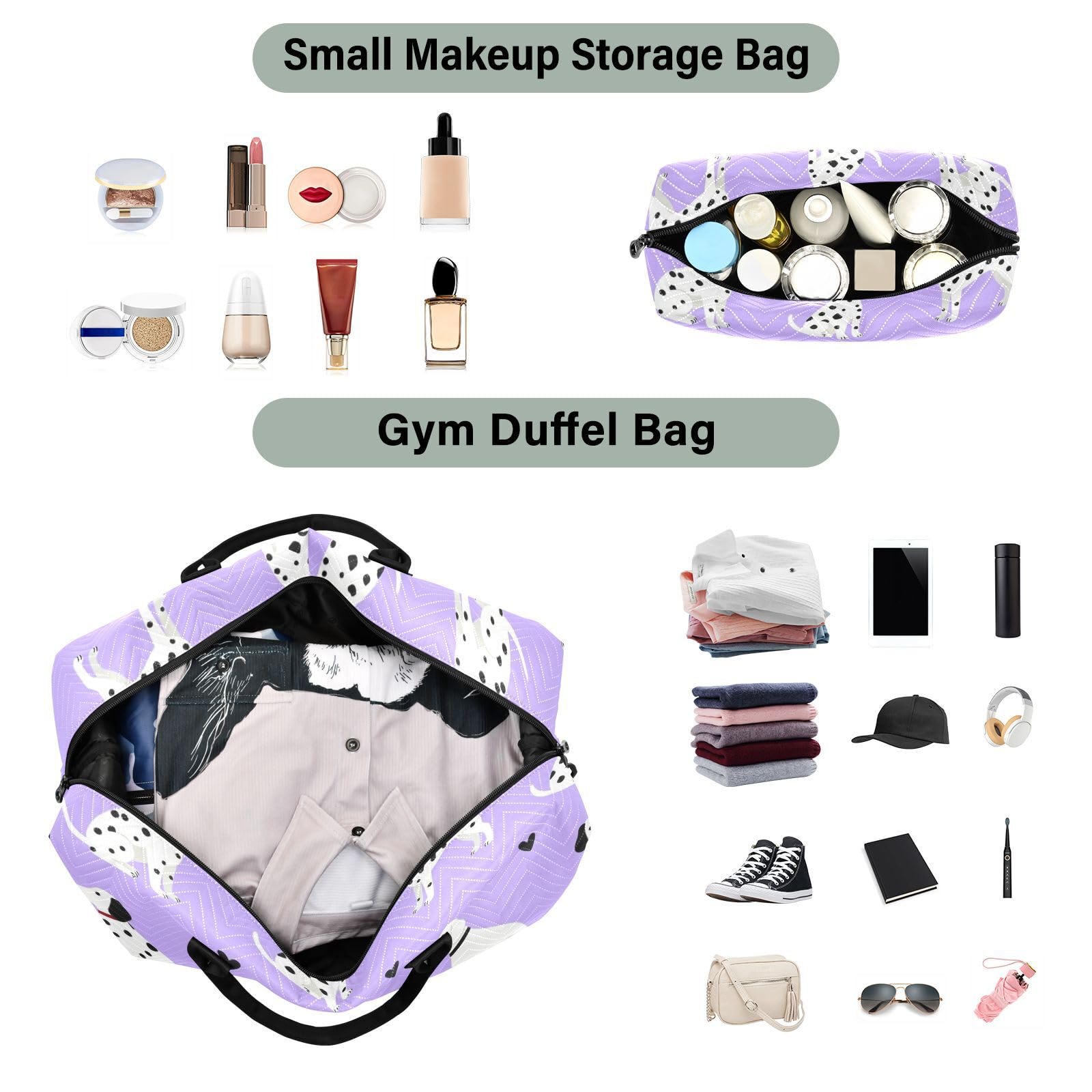 Reisetaschen-Set, große Tasche und Mini-Tasche, gesteppte Reißverschlussfächer, stabile Geschäftsreise, Dalmatiner-Violett, One Size, Klassisch
