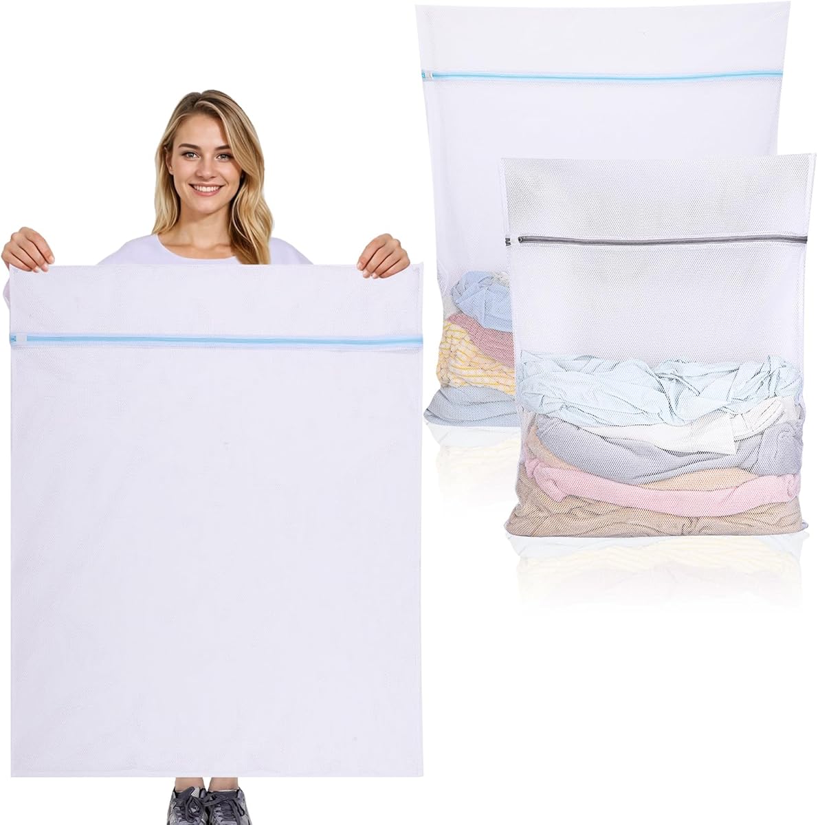 2 Stück Wäschenetz Groß, Wiederverwendbar Wäschenetz für Waschmaschine Große Wäschesack Waschmaschine mit Reißverschluss für Hemden Pullover Mäntel Hosen (XXL 60x80cm, XXXL 90x110cm)