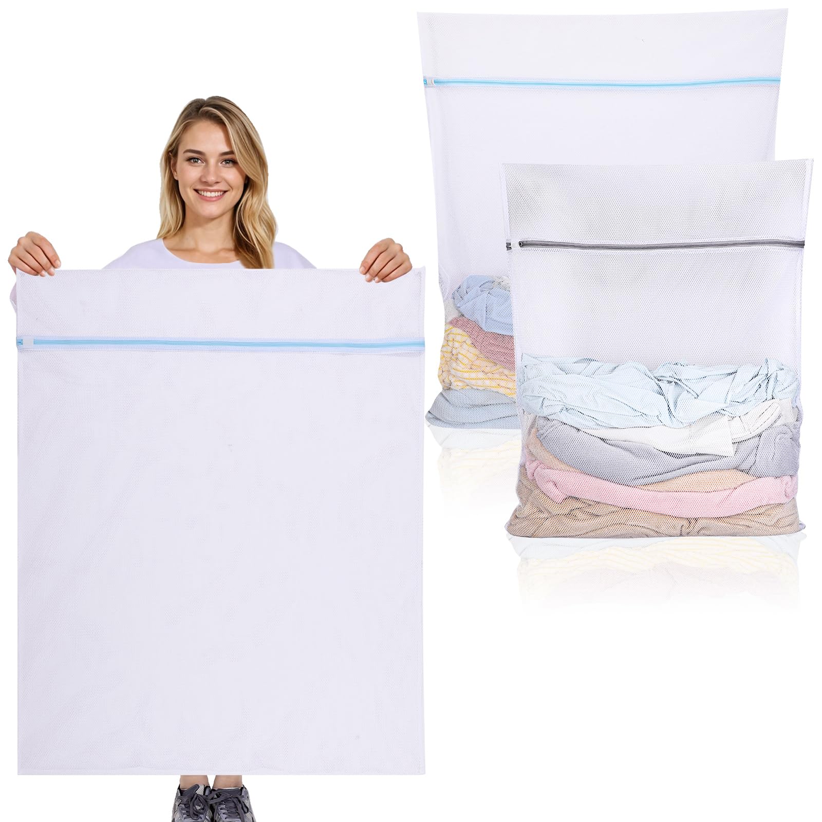 2 PCS Large Mesh Laundry Bags with Zips, Reusable Laundry Bags for Washing Machine Washing Bags for Laundry Delicates Wash Bags for Sweater, Coat, Lingerie, Travel Organizer(XXL+XXXL, White)
