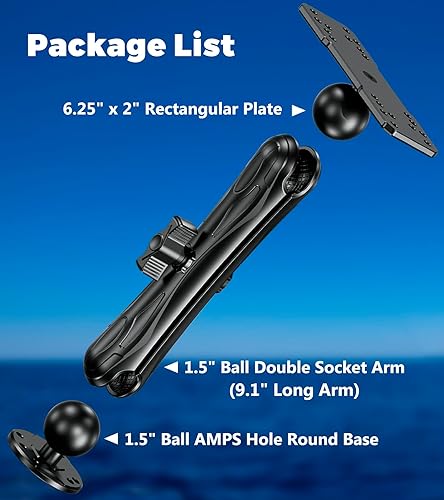 Miniatura 7 de VAZESWIN Soporte de buscador de peces de aleación de aluminio con placa rectangular de bola de 1.5 pulgadas y base redonda, brazo de 9.1 pulgadas de