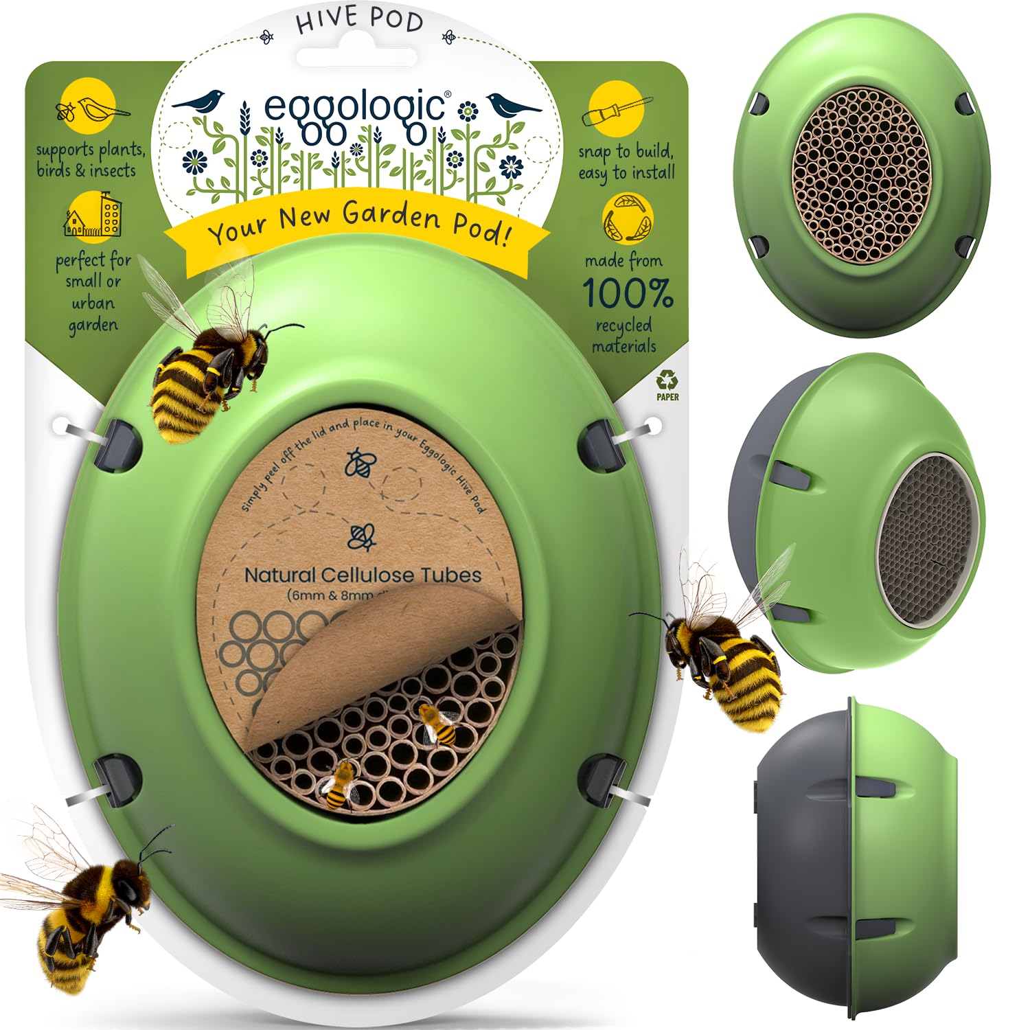 Eggologic Tuscan Green Hive Pod Bee Hotel, Modern Insect House For Gardens – Solitary Bee House With Natural Nesting Tubes, Wall-Mounted Bug Box For Pollinators, For Gardeners