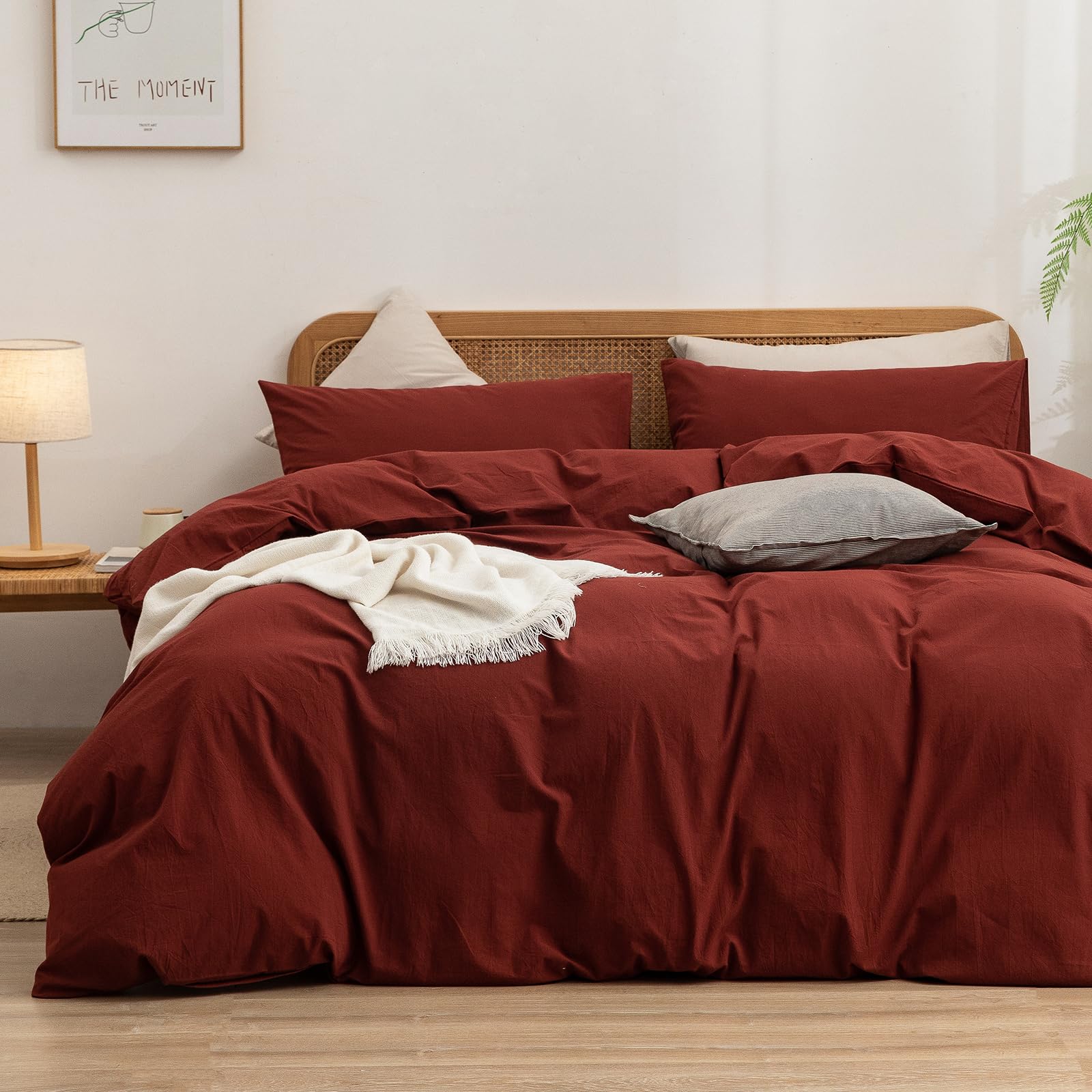 BESTOUCH Duvet Cover Set 100% Washed Cotton Linen Feel Super Soft Comfortable Chic Lightweight 3 PCs Home Bedding Set Solid Fired Brick Red Full/